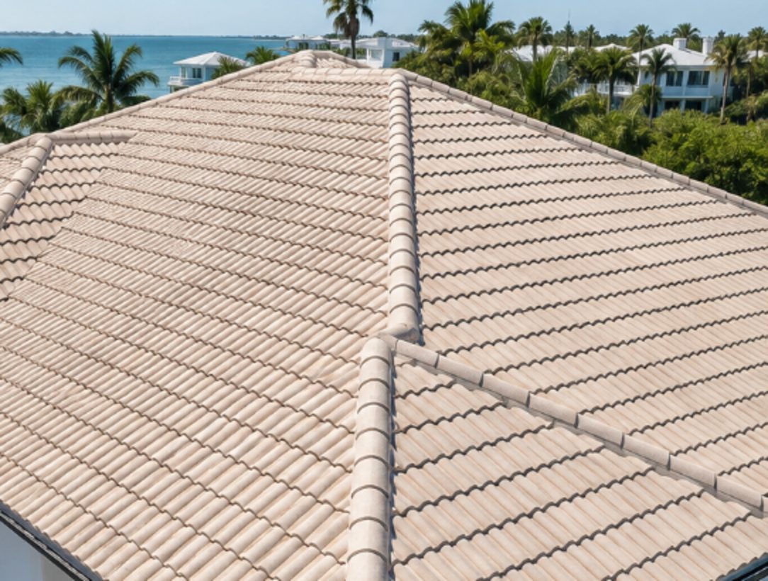 The same barrel tile roof clean and cream after soft washing