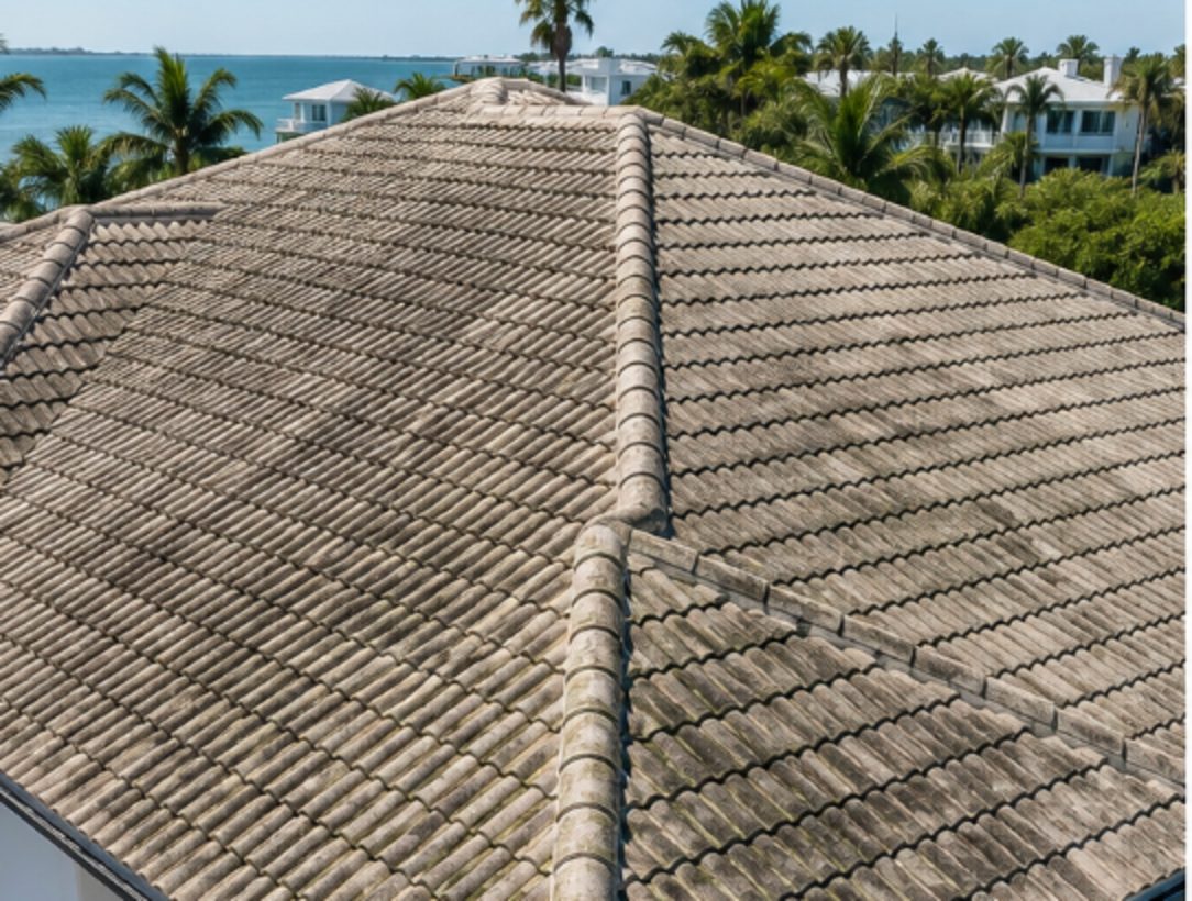 Barrel tile roof darkened with algae before soft washing